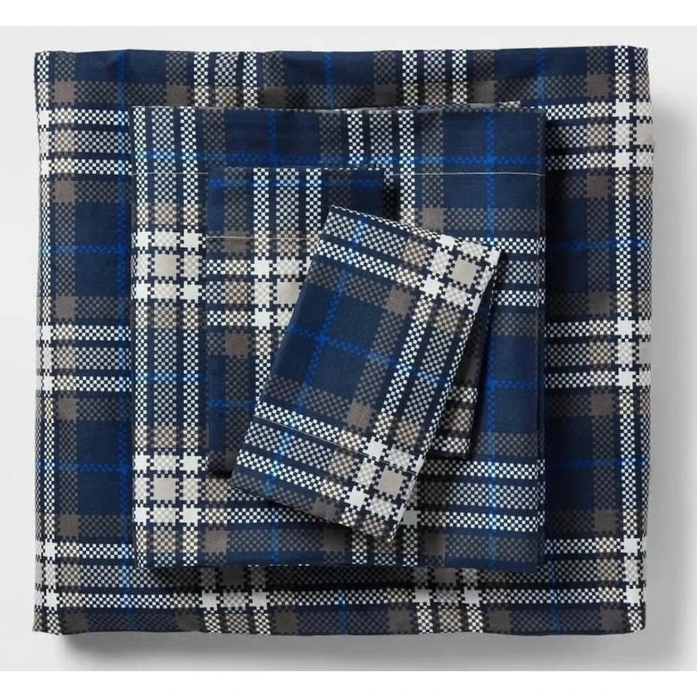 Room Essentials‎ Sheet Set Twin XL Blue Plaid Microfiber Wrinkle Free NWT